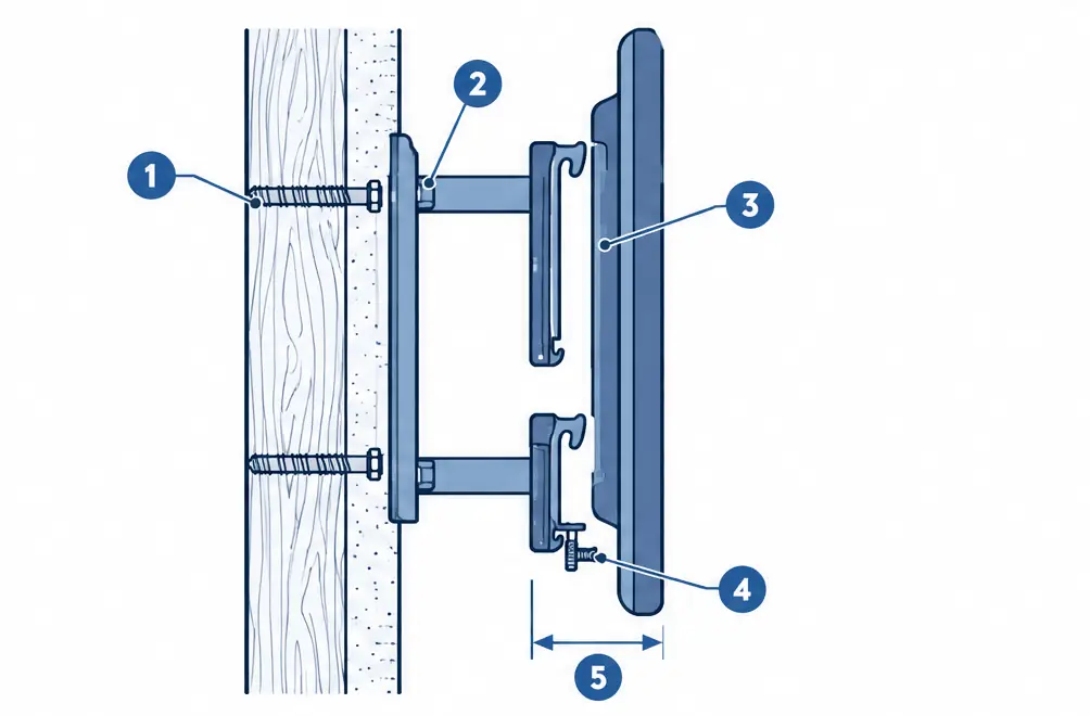 Diagram: side section of a fixed low-profile TV mount lag-bolted into a wood stud