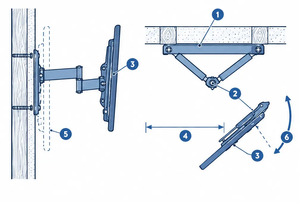 Diagram: side and top views of a full-motion TV arm anchored across two studs