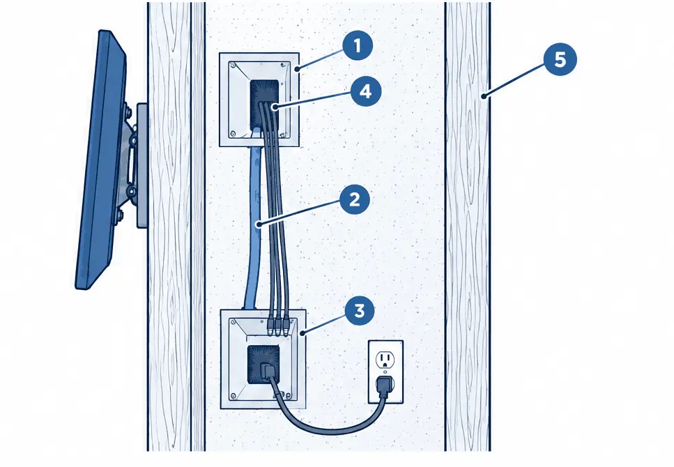 Diagram: side section of a drywall cavity between two studs with an upper recessed box behind a wall-mounted TV, rated in-wall cable, a lower inlet box and a short cord to an existing outlet