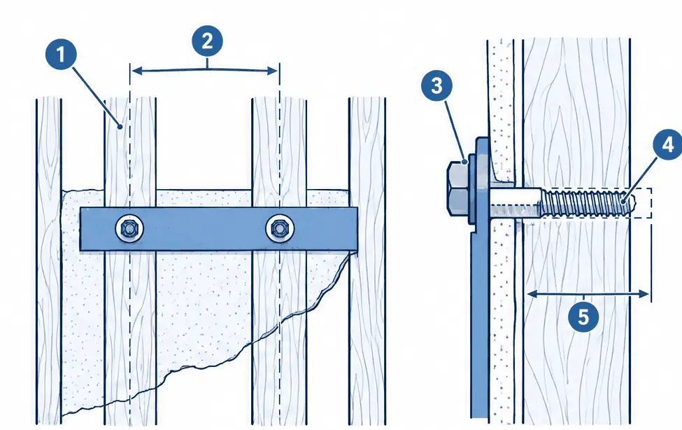 Diagram: front cutaway of a wall plate spanning two wood studs with a lag bolt in each, and an enlarged side section of one bolt biting into the stud