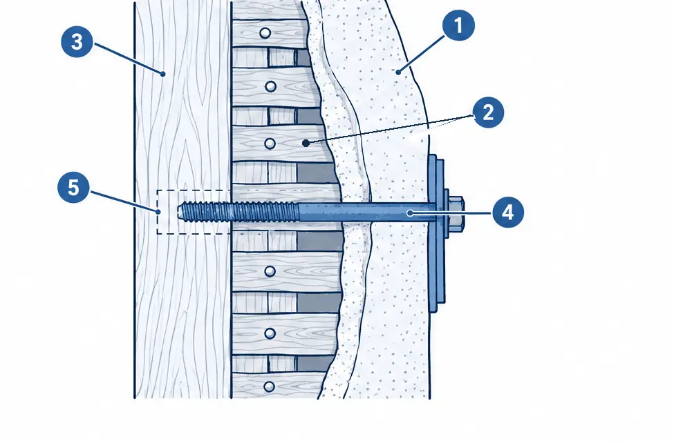 Diagram: side section of a plaster wall over wood lath and a stud, a long lag bolt through the plaster and lath deep into the stud, with a dashed pilot hole
