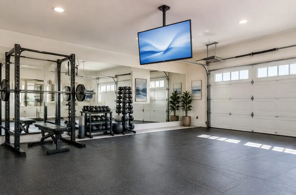 Illustration: a TV on a ceiling drop mount in a tidy garage gym with rubber flooring, a squat rack, mirrors and a roll-up door