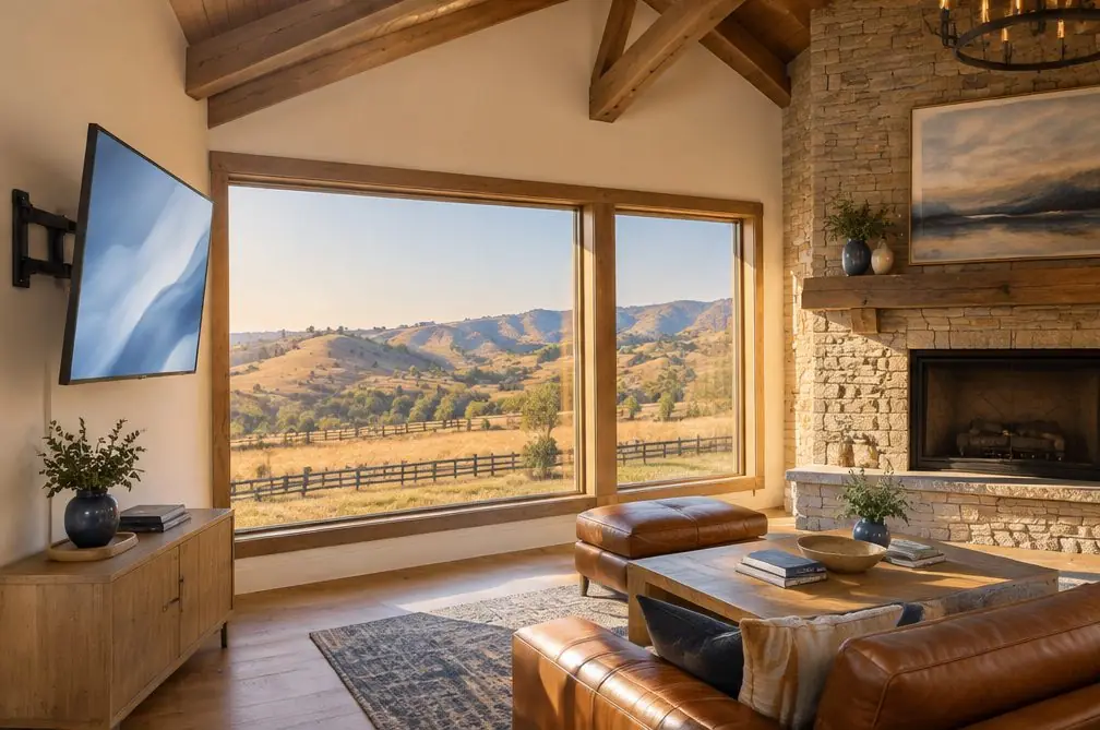 Illustration: a TV on a side wall of a hillside great room with exposed beams and a wide window to rolling dry hills and a fenced paddock