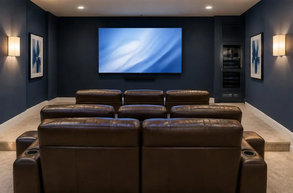 Illustration: a dark-walled media room with a large TV on the front wall, tiered recliners, a slim equipment rack and soft wall sconces