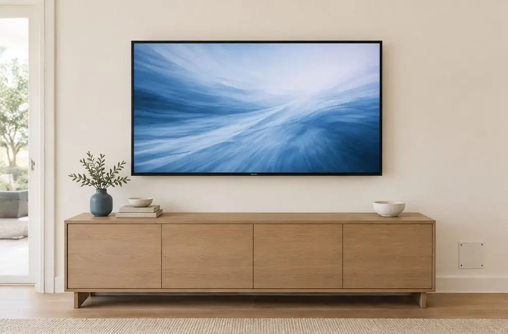 Illustration: a cream wall with a TV above a console, no visible cables and a small recessed plate near the floor