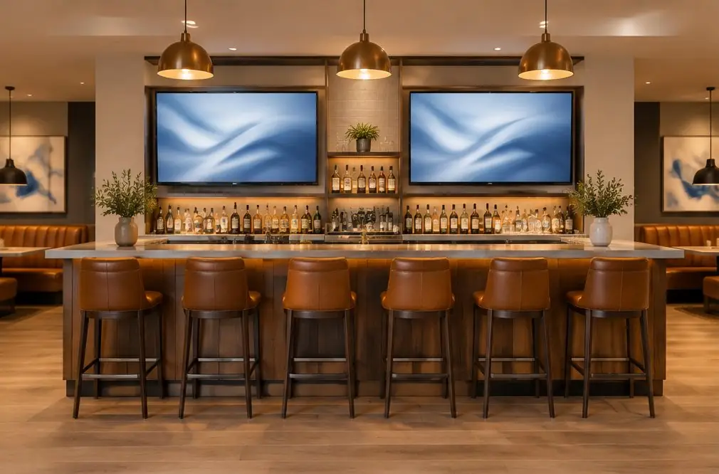 Illustration: two TVs at matched heights above a bar in a relaxed neighborhood grill with wooden booths and warm pendant lights