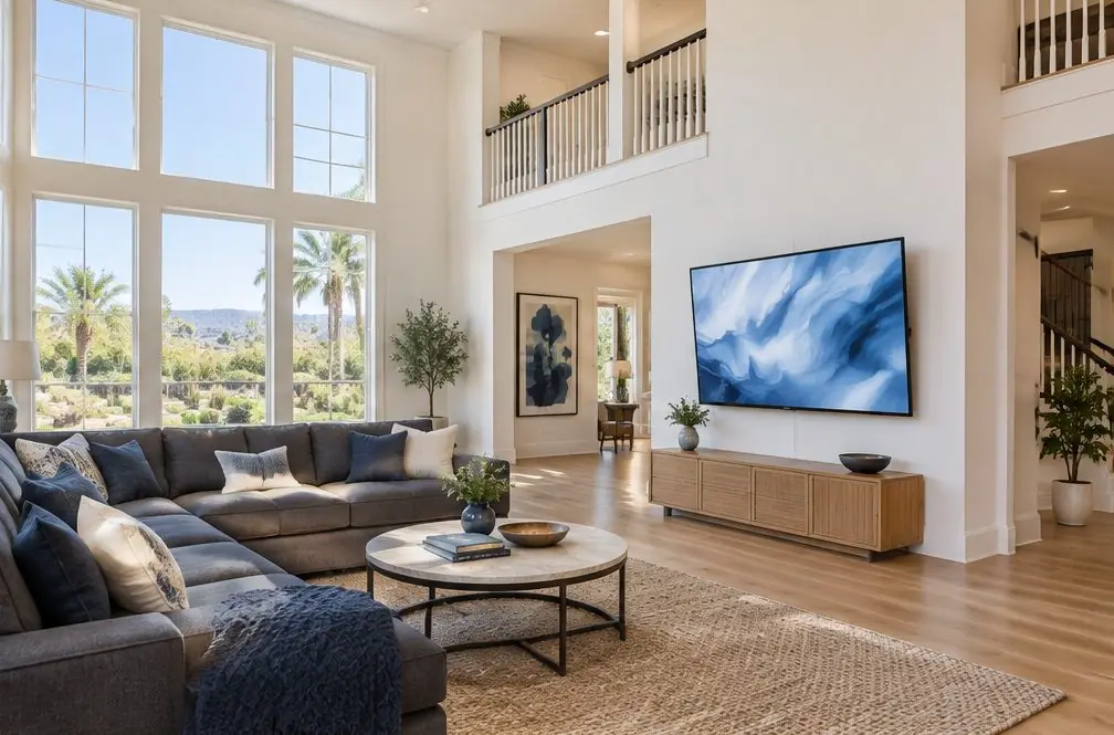Illustration: a large TV on a tall pale wall in a two-story family room with a loft railing above, a deep sectional and tall windows to a yard